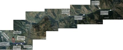 Mosaic of Google Earth images showing the landslide, inundation area, and major hydropower installations along the river corridor