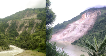 A landslide above Jure in 2013 (left); the same landslide after the bigger landslide on 2 August 2014 (right) (Photo: Rocky Talchabhadel/Department of Hydrology and Meteorology)
