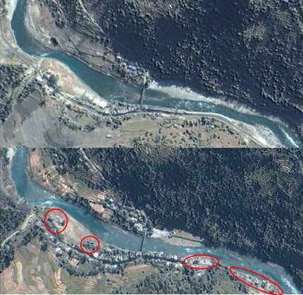 Google Earth image of Khadichaur village in the Sunkoshi valley in 2000 (top) and 2012 (bottom). In this stretch of just 1 km, at least four settlements were constructed in high hazard zone areas in 12 years