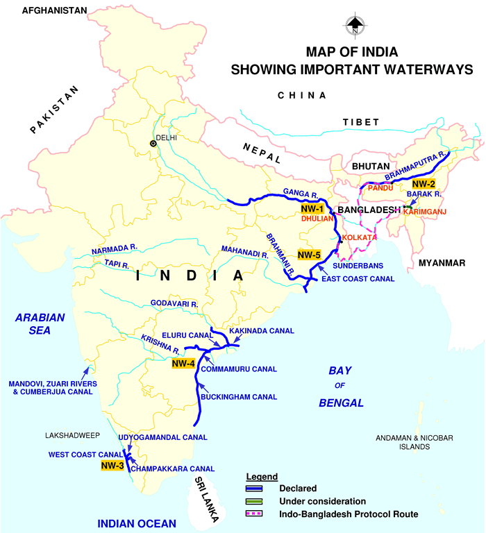map of india showing important waterways and whether they are declared, under consideration or Inso-Bangladesh Protocol Route