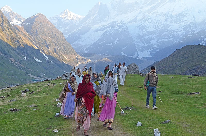 About half a million Hindu pilgrims from throughout India visit Kedarnath every year. Most walk from the nearest road for ten miles along a rugged trail, while some ride ponies or donkeys. (Photo credit: Daniel Grossman) 