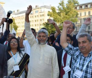 <p>Rajendra Singh leads a water rights march in Stockholm during the 2015 World Water Week (Image by Jal Jan Jodo Abhiyan)</p>