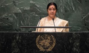 <p>India’s minister for external affairs, Sushma Swaraj, at the UN General Assembly in October 2015 where she held high-level meetings with CELAC and CARICOM officials. [image by United Nations photo]</p>