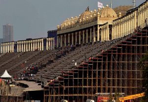 <p>The stage on the Yamuna riverbed that aims to set a world record for size (Image by Press Trust of India)</p>