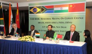 <p>(From left to right)  Antonio Marcondes, Under Secretary-General for the Environment, Energy, Science and Technology, Minister of Foreign Affairs, Brazil; Maesela Kekana, Chief Director, International Climate Change Relations and Negotiations, South Africa; Prakash Javadekar, Minister for Environment, Forests and Climate Change, India; and Xie Zhenhua, Special Representative for Climate Change, China at a media briefing on April 7, after their meeting in New Delhi [Image by Press Information Bureau, Government of India]</p>