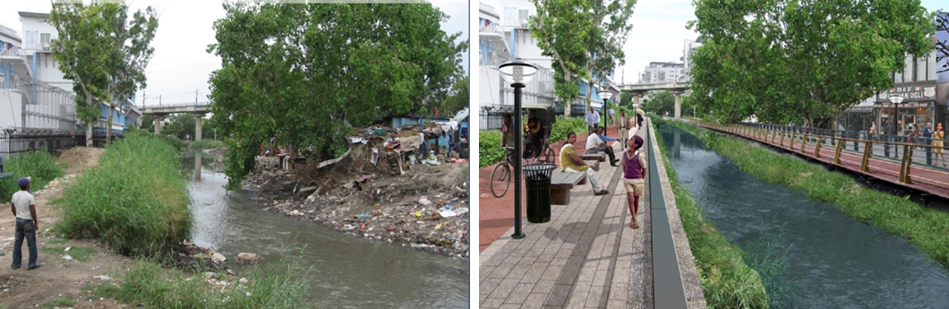 <p>The Najafgarh drain, which flows into the Yamuna in Delhi, as it looks today (left) and as it is envisaged in the clean-up plan (right) [Image by Delhi government]</p>