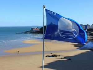 <p>A beach in Tenby, western Wales, displays an EU-awarded Blue Flag denoting water quality. EU membership is commended with making water cleaner around the coasts of the UK</p>