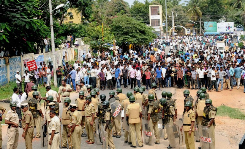 crowd of protests in Bangalore over Cauvery water.