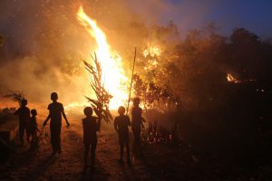 A bunch of Khasi children fire-fighters watch on, as the flames erupt in a slash and burn episode [image by Mirza Zulfiqur Rahman]
