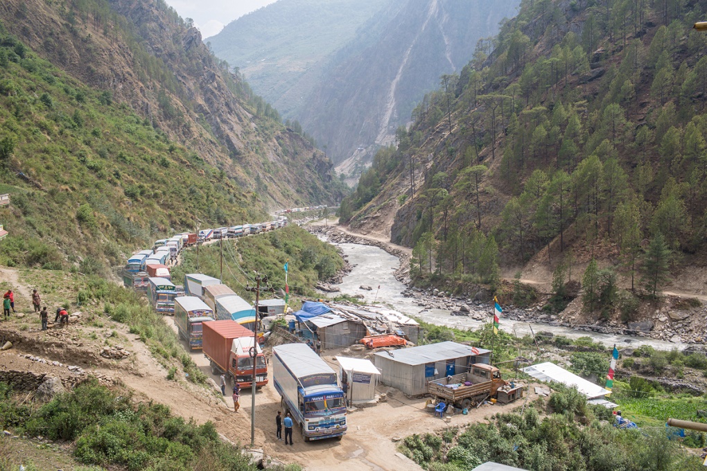 Trucks queing up in Timure, three kilometres from Nepal Tibet border to get clearance from Nepal's security force [image by Nabin Baral]