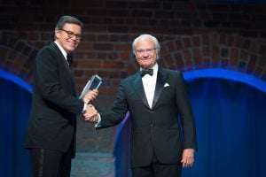 <p>Stephen McCaffrey (left) receives the 2017 Stockholm Water Prize from King Gustaf of Sweden on Wednesday during the World Water Week [Image by Jonas Borg]</p>