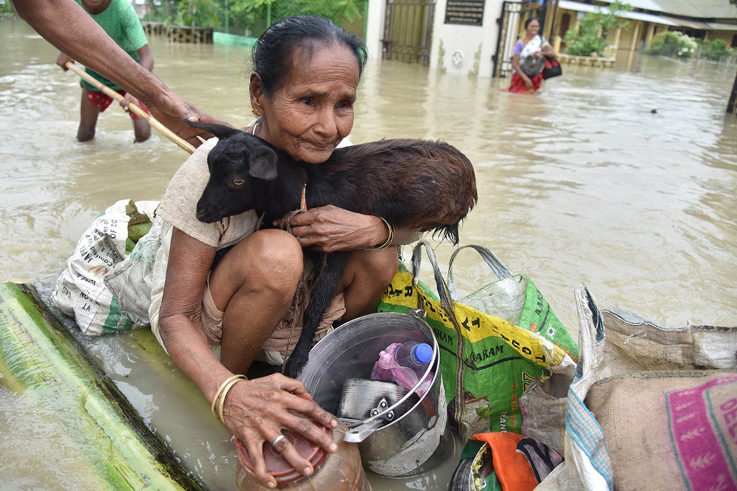 <p>A flood affected resident of Jakhalabandha, Assam on the south bank of the Brahmaputra being evacuated on a raft on August 13, along with the family&#8217;s livestock [Image by Biju Boro]</p>