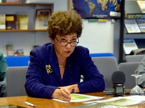 <p>Monique Barbut, Executive Secretary of the UN Convention to Combat Desertification, at COP23 [image by: Maggie Mazzetti]</p>