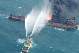 <p>The Sanchi oil tanker days before it sank (image: weibo)</p>