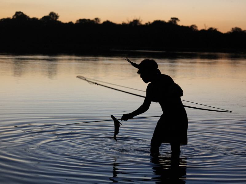 man catches fish in the Amazon