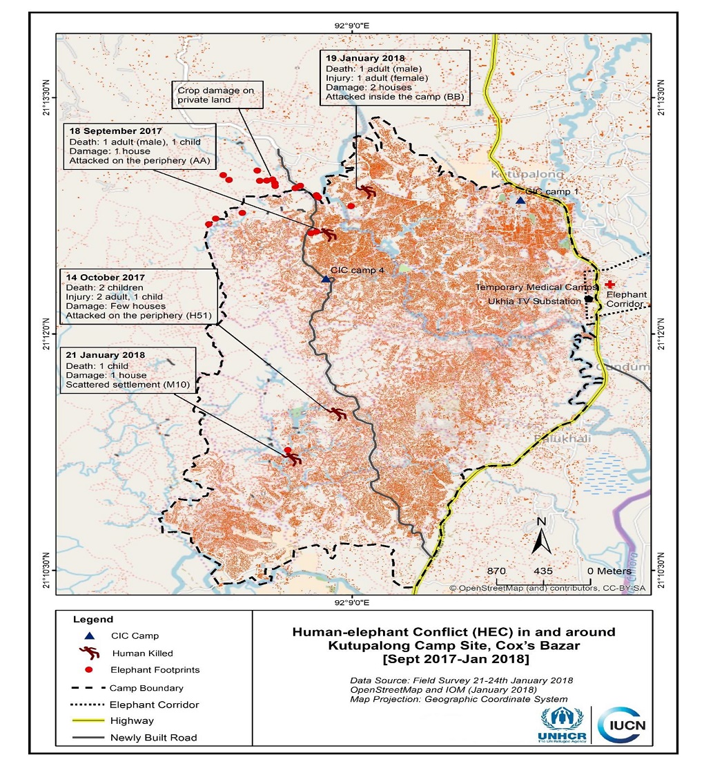 map of human-elephant conflict in and around Kutupalong camp site