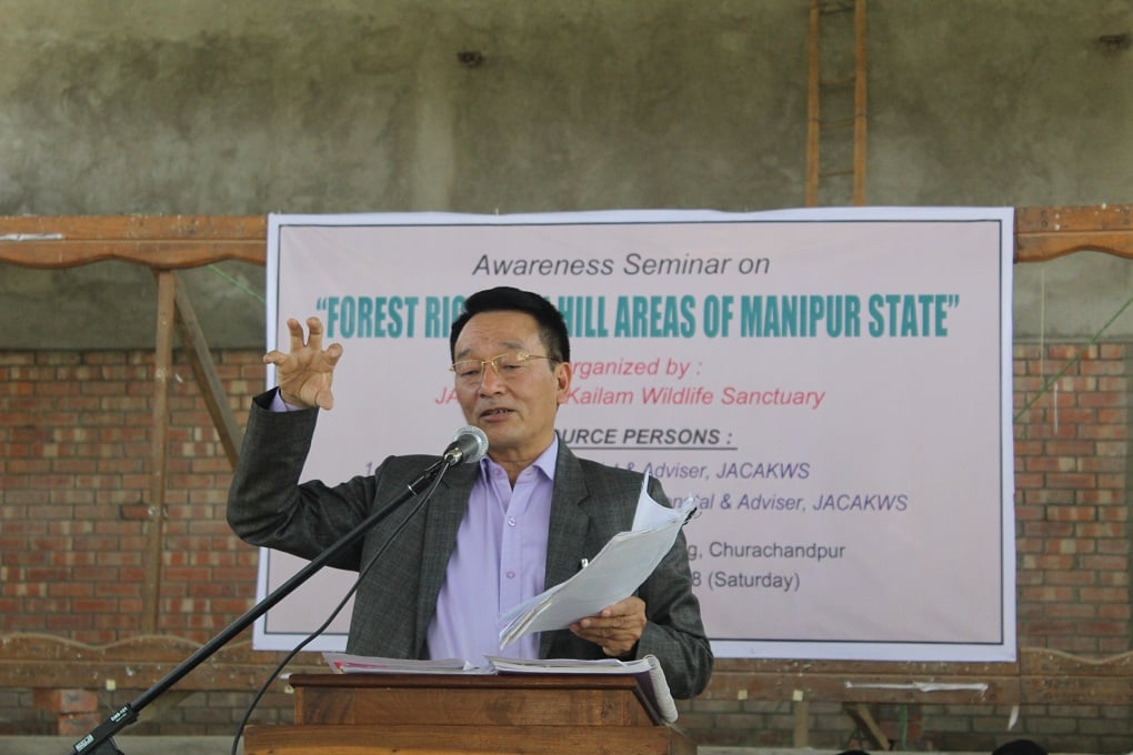 <p>Thiankholian Guite, the chief of Songtal village, at a protest meeting [image by: Ninglun Hanghal]</p>