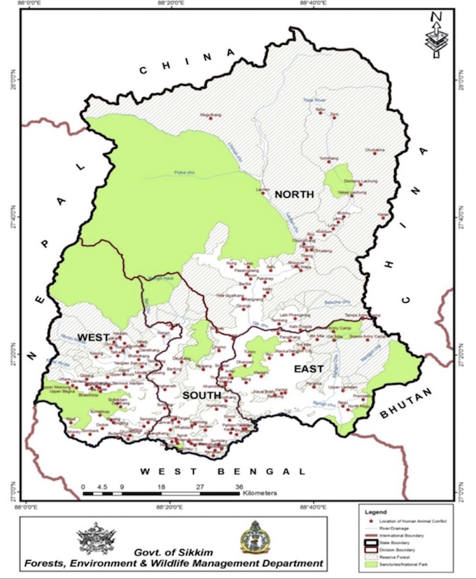 map of human-wildlife conflict in Sikkim