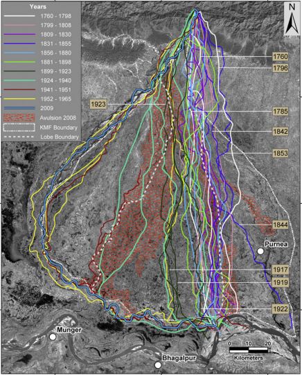 map of historical channels of the Koshi river over the past 250 years. 