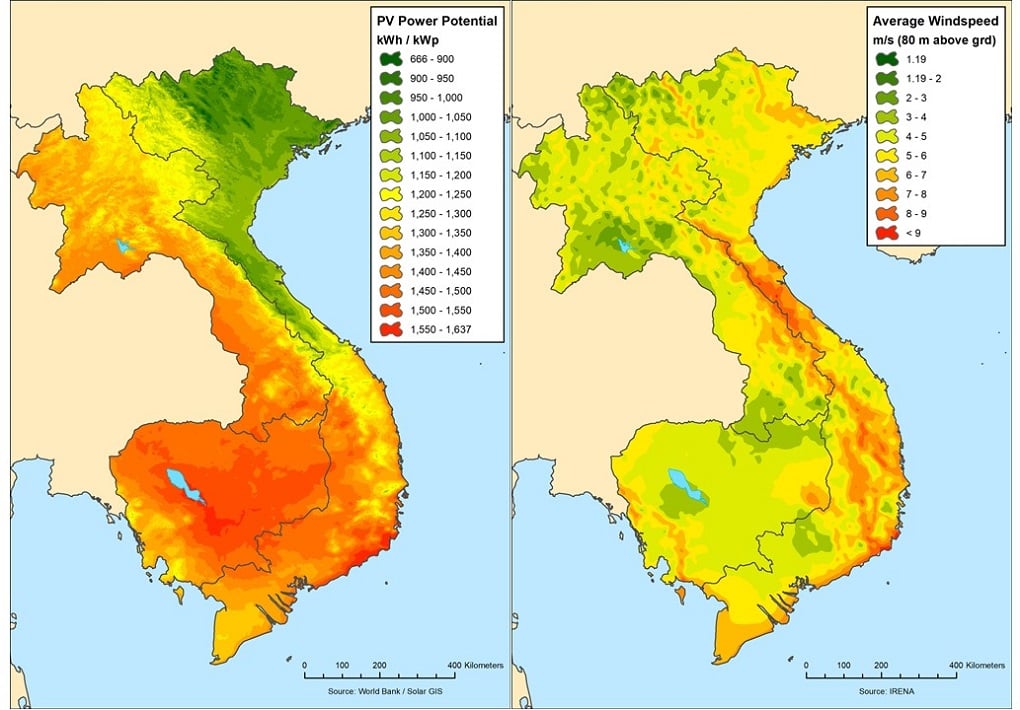 map of solar and wind potential for Laos, Cambodia and Vietnam