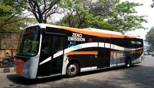 <p>An electric bus run by the Bangalore Metropolitan Transport Corporation [image by: Ramesh M.G.]</p>