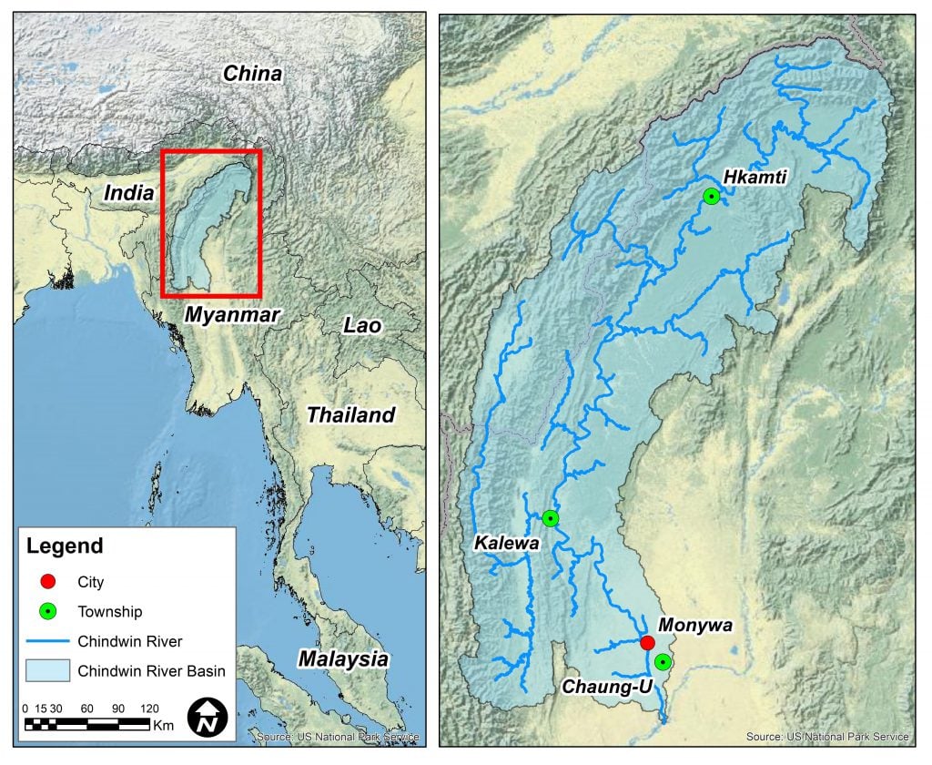 Map of the Chindwin River Basin pointing out key towns 