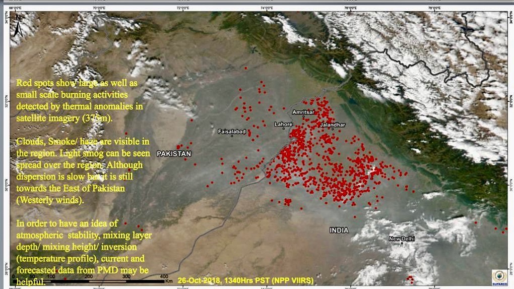 Latest NASA/Suparco satellite picture showing clearly the heightened and uncontrolled incidence of crop burning in Indian Punjab which carries on unabated. The Pakistan crop burning is only 10-15% and significantly down from 2017 due to onground measures