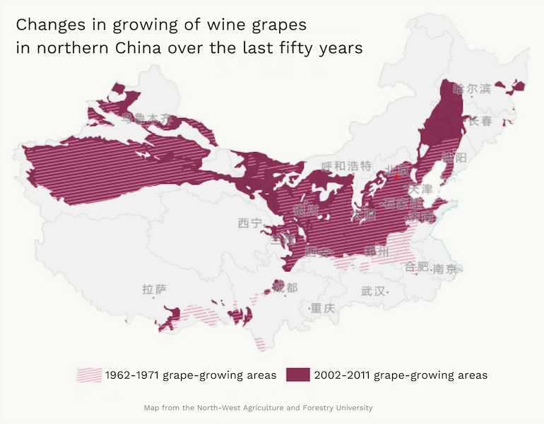 map of changes in growing of wine grapes in northern China over last fifty years