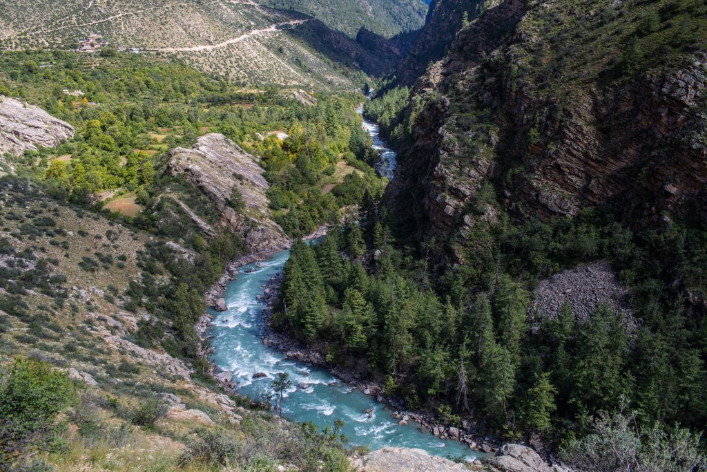 A view of Karnali River cutting through rising mountains before Yangar village in the Humla district of Nepal [image by: Nabin Baral]