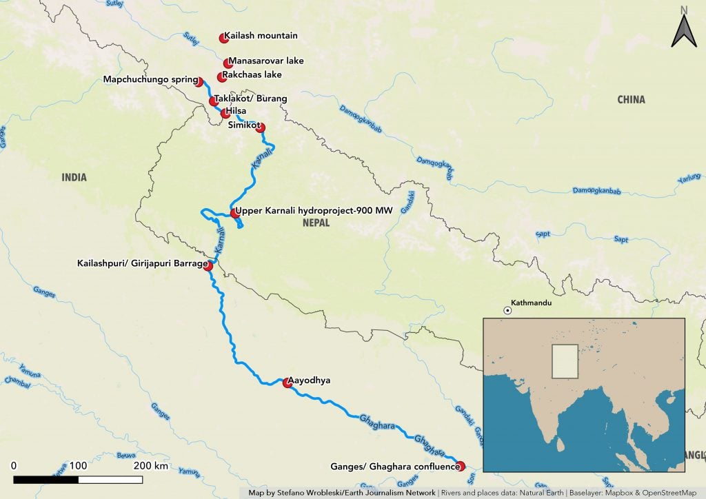 map of Karnali River as it flows from Tibet, through Nepal to India (Map by Stefano Wrobleski/Earth Journalism Network)