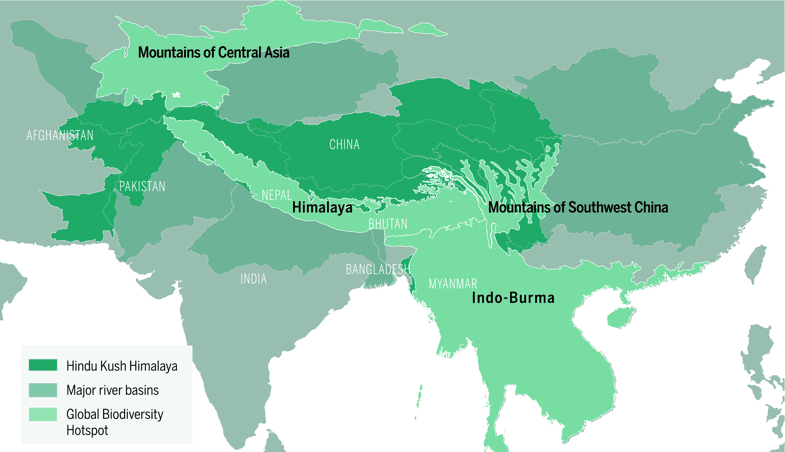 Hindu Kush mountains on map. Major river basins and Global biodiversity hotspots shown