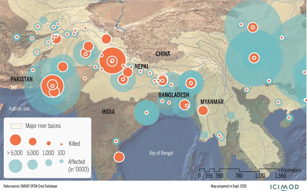 map of flood disasters in river basins originating in the Hindu Kush Himalayan region from 2010-14 (Source: EM-DAT/CRED www.emdat.be/)