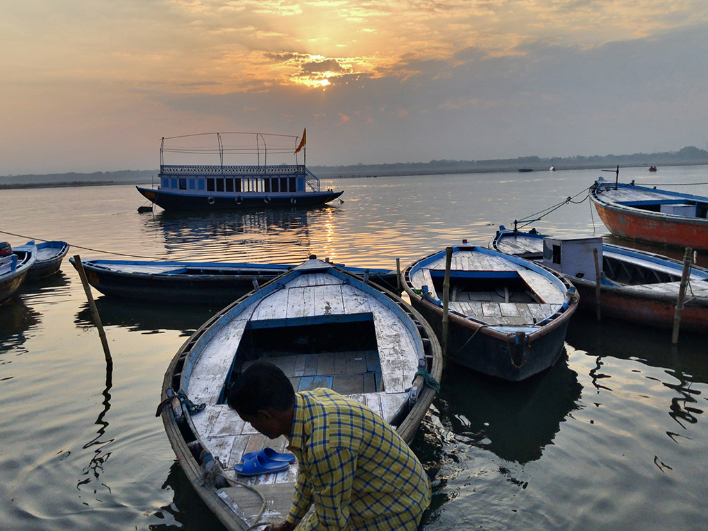 <p>The sun rises over the Ganga at Assi Ghat, Varanasi [all photos by: Joydeep Gupta]</p>