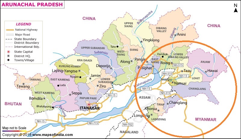 map of Arunachal Pradesh. Anjaw, Lohit, Tirap, Changlang and Longding all share porous border with Myanmar, part of the Golden Crescent of Myanmar, Laos and Thailand, ill-famous for drug trafficking