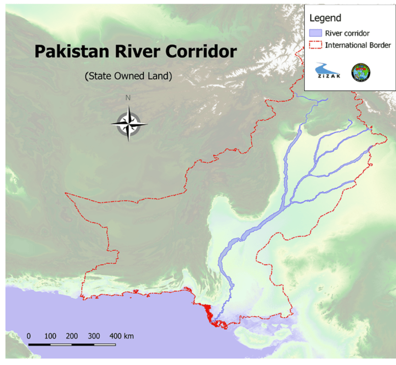 map of Pakistan river corridor. River corridor shown in purple