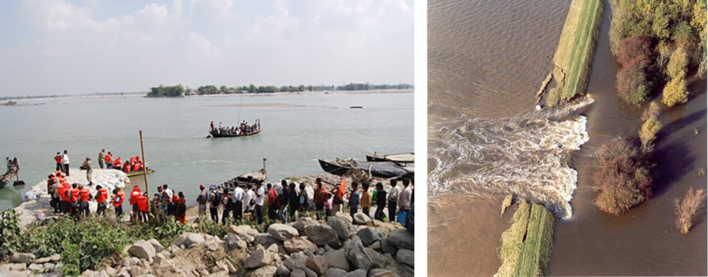 The usual attempt to shore up an embankment in North Bihar (left) and an embankment is breached in the Kosi basin (right)