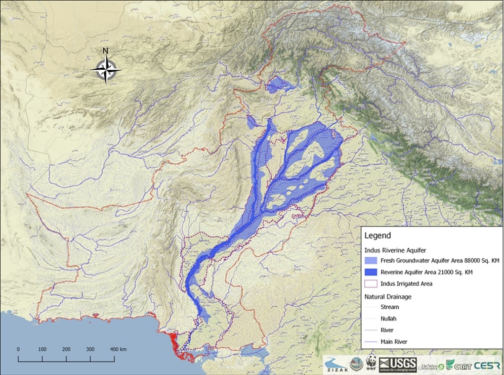 map of freshwater aquifers in the Indus plains and riverine corridors