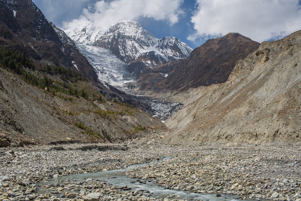 Glacial melt water coming from the Gangapurna glacier in Manang district of Nepal. The water feeds the Marsyangdi