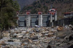 <p>Downstream of  the dam site of the 50 MW Upper Marsyangdi A hydro project in Nygdi. A stretch of about six kilometres has gone dry [All images by: Nabin Baral]</p>