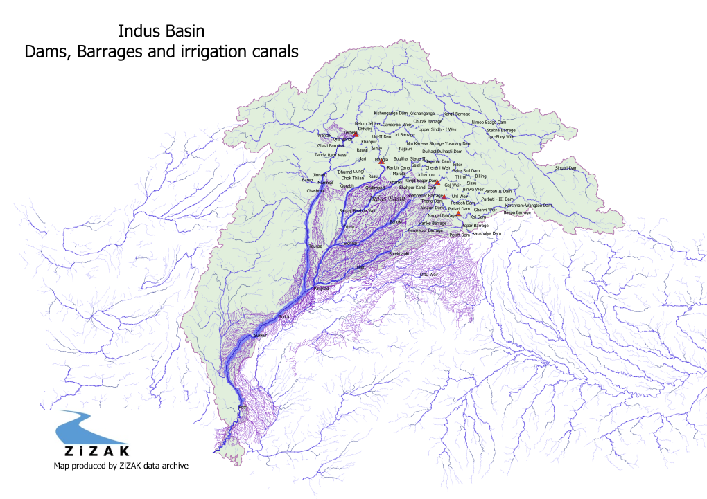 Indus Basin map. Dams, Barrages and irrigation channels