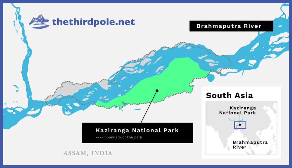 map of Kaziranga National Park, including Brahmaputra River 