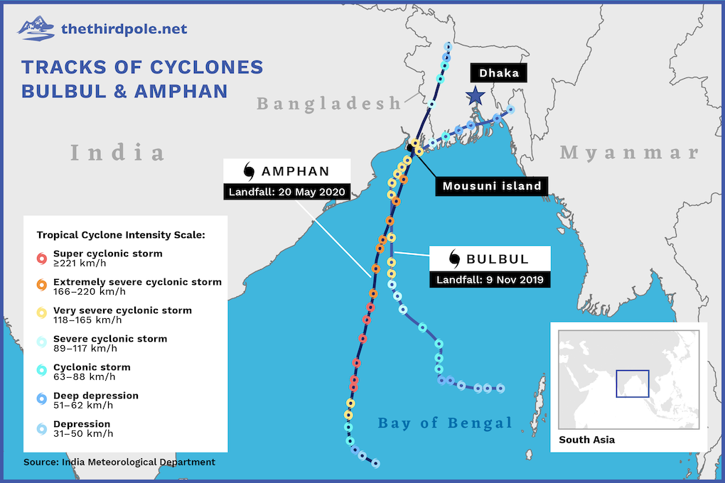 Map showing tracks of cyclones Amphan and Bulbul in Bay of Bengal, India