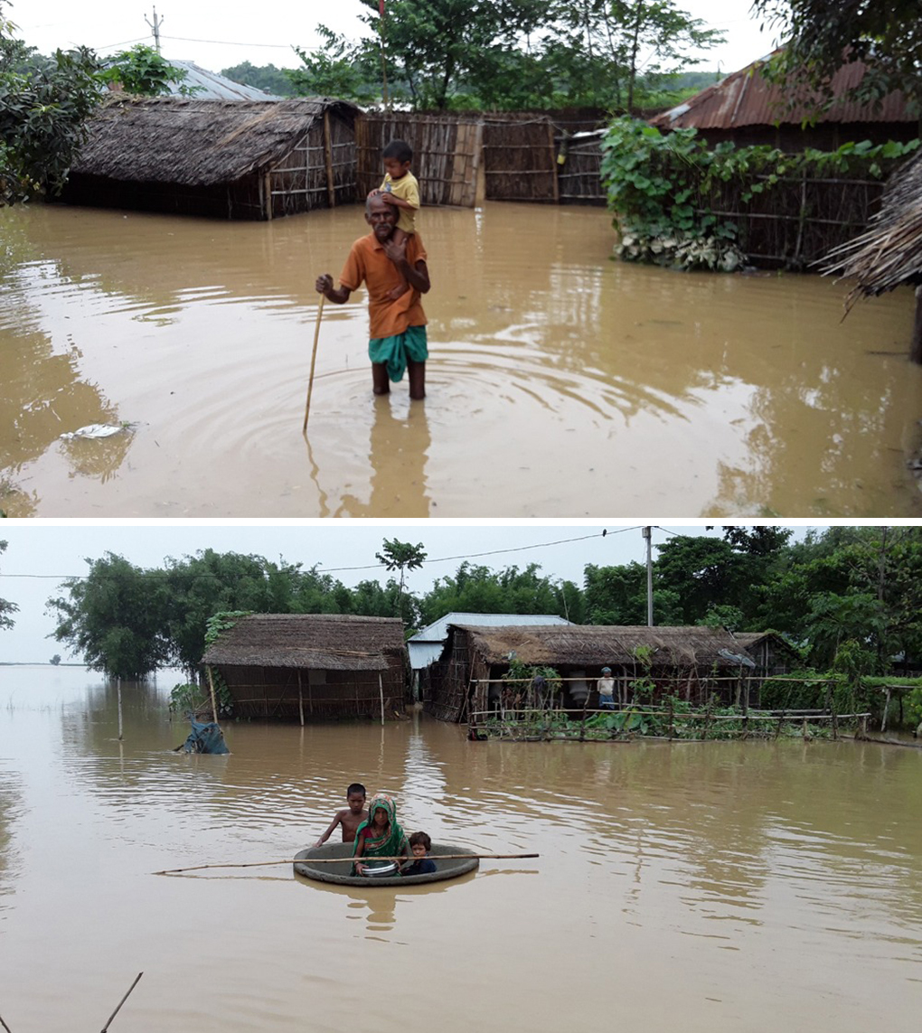 Villagers are forced to wade or use makeshift rafts to move out of their flooded homes [images by: Kailash Singh]