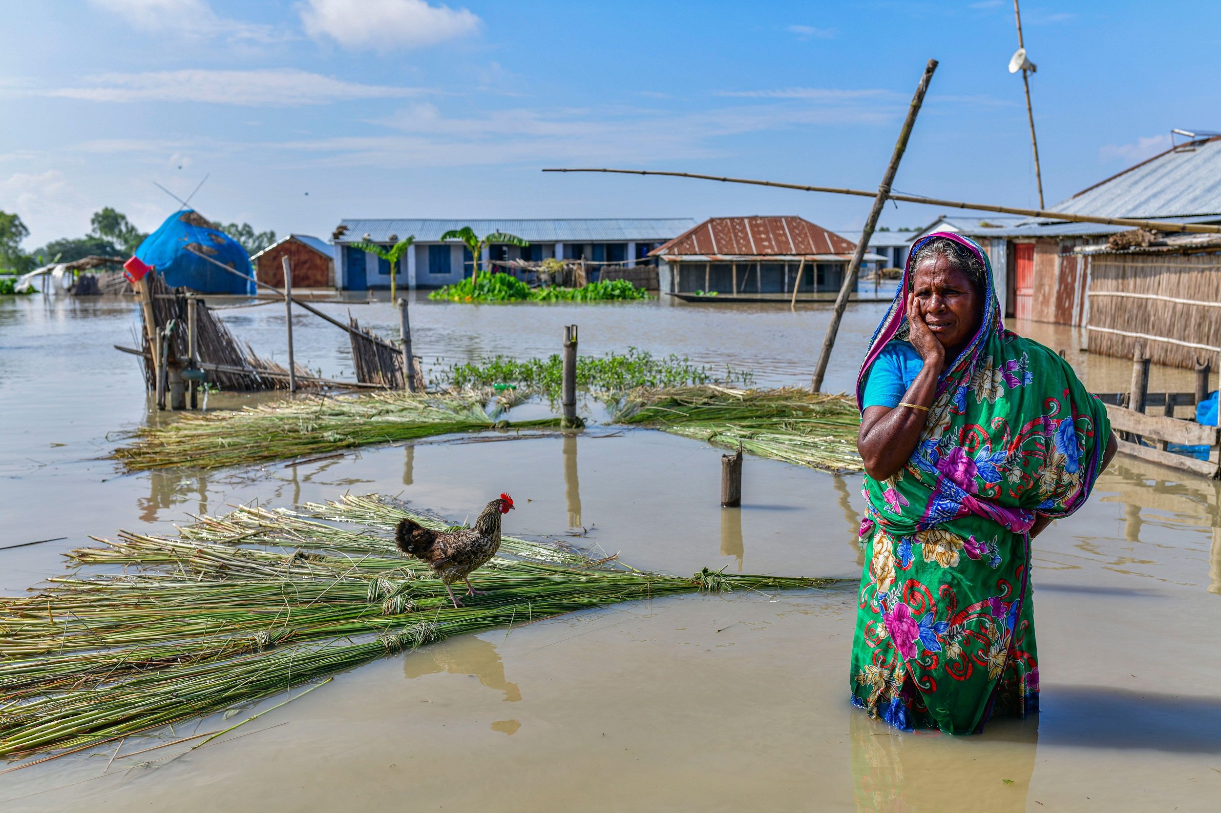 A woman stands in floodwater next to her house in Bogura, teesta flood