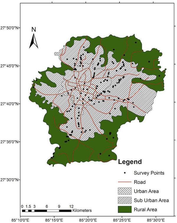 map of Kathmandu valley where CARON report on frogs took place, showing survey points on urban, sub urban and rural areas