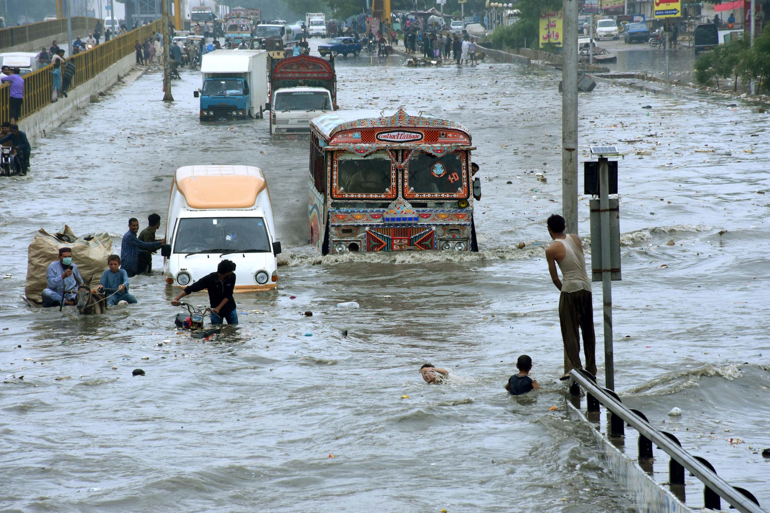 <p>Flooding in Karachi, Pakistan, in August 2020. Pakistan is one of the world’s 10 most vulnerable countries to climate change [Image: Str/Xinhua/Alamy Live News]</p>