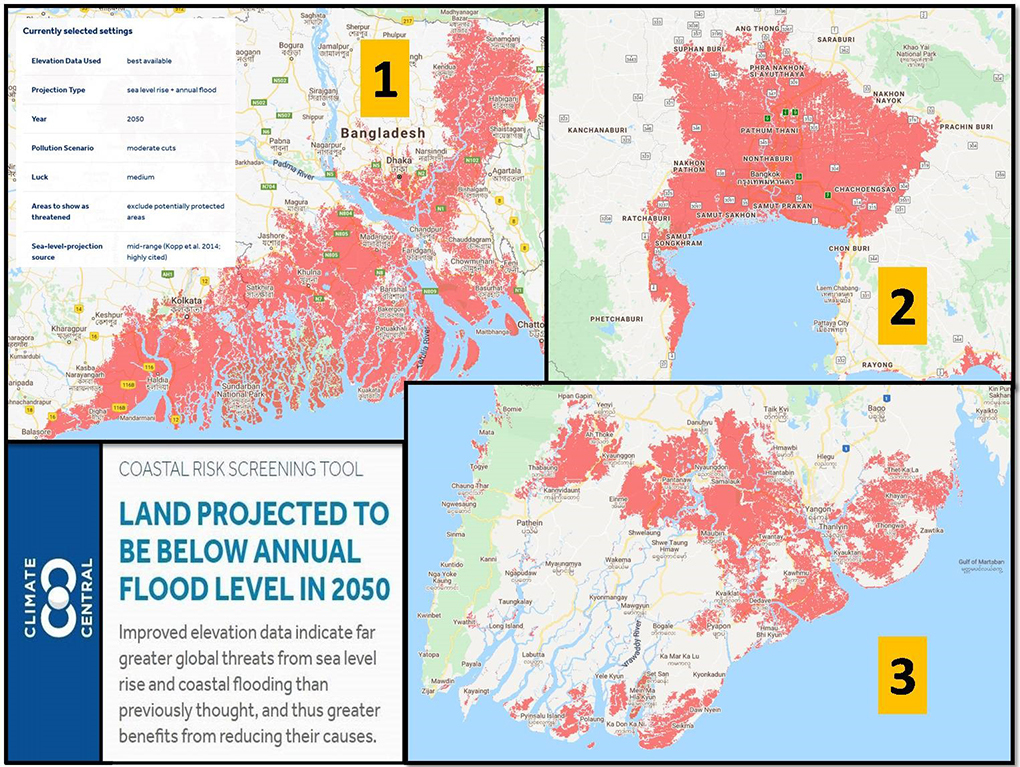 Land projected to be below annual flood level in 2050 (in red) in and around Kolkata and Dhaka (Frame 1), Bangkok (Frame 2) and Yangon (Frame 3) [Source: Climate Central]