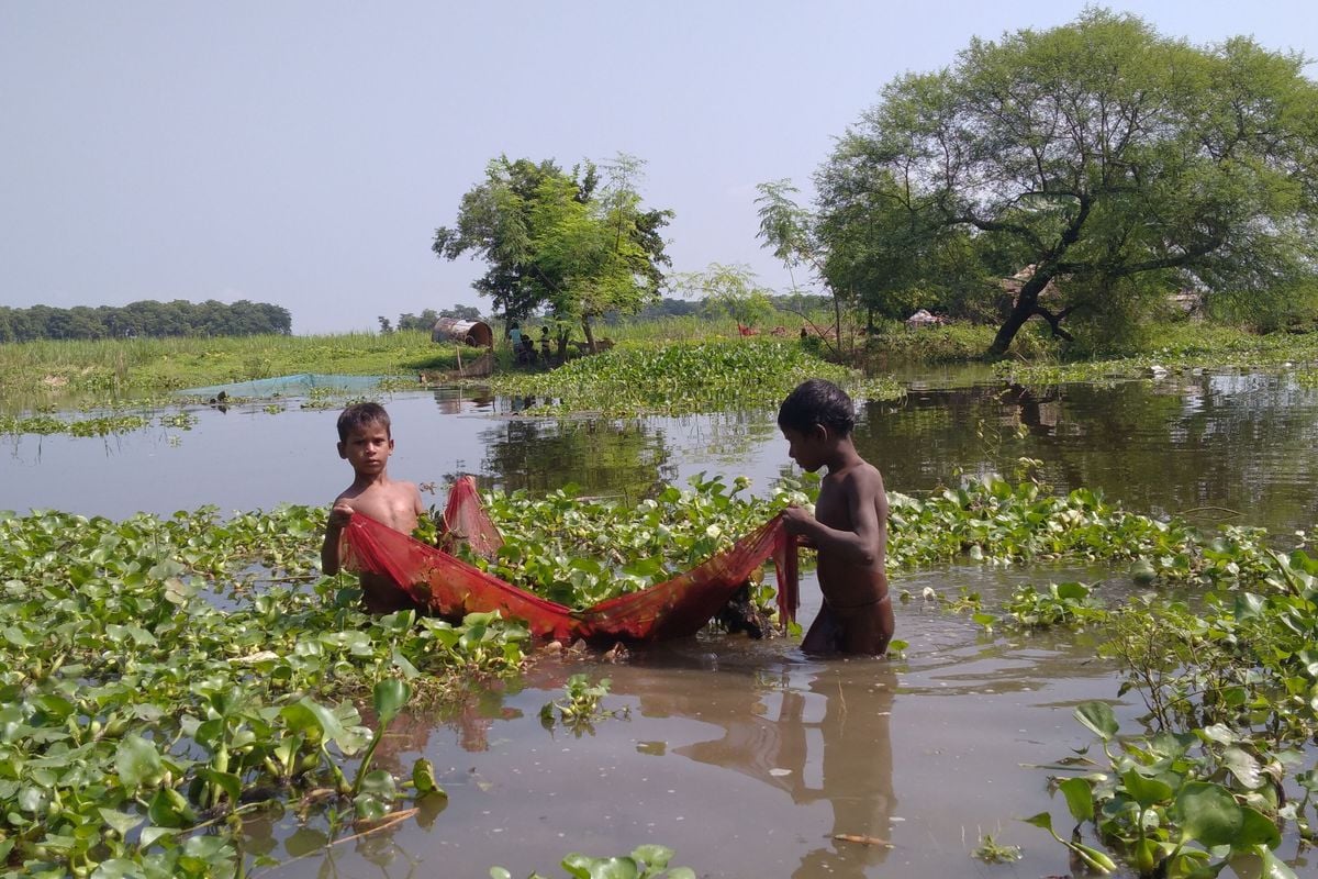 Two boys fishing in lake kawnwar