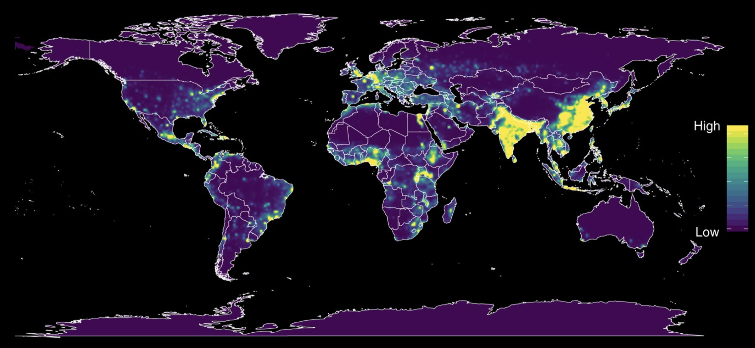 Heat map showing locations predicting locations most at risk from zoonotic emerging infectious diseases 