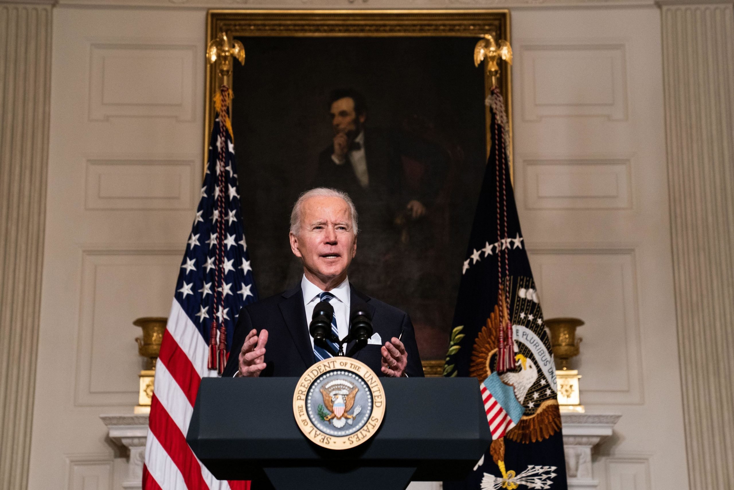 Washington, United States. 27th Jan, 2021. President Joe Biden delivers remarks on his administration's response to climate change at an event in the State Dining Room of the White House in Washington DC, January, 2021.